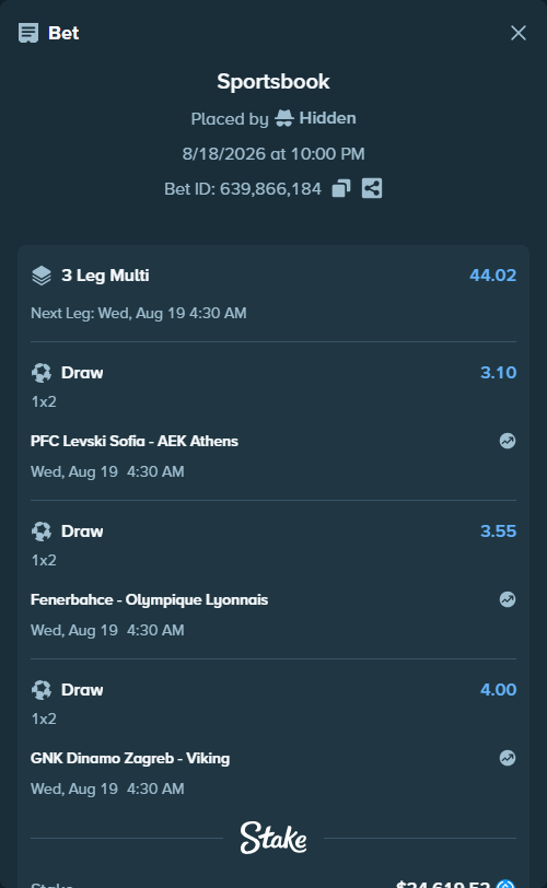Bet slip: PFC Levski Sofia - AEK Athens, $24,619.52 stake at 3.10 odds, placed by Hidden