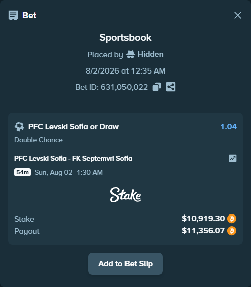 Bet slip: PFC Levski Sofia - FK Septemvri Sofia, $11,146.66 stake at 1.04 odds, placed by Hidden