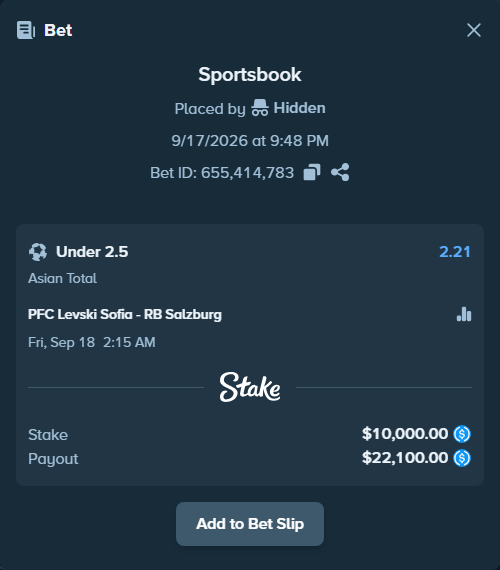 Bet slip: PFC Levski Sofia - RB Salzburg, $10,000.00 stake at 2.21 odds, placed by Hidden