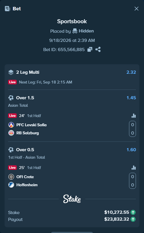 Bet slip: PFC Levski Sofia - RB Salzburg, $10,282.82 stake at 1.45 odds, placed by Hidden