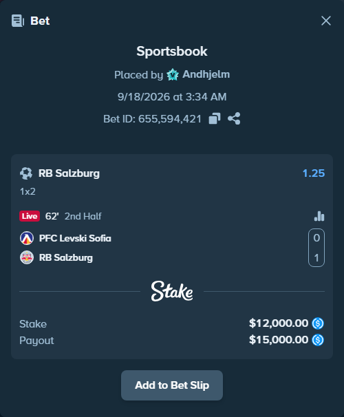 Bet slip: PFC Levski Sofia - RB Salzburg, $12,000.00 stake at 1.25 odds, placed by Andhjelm