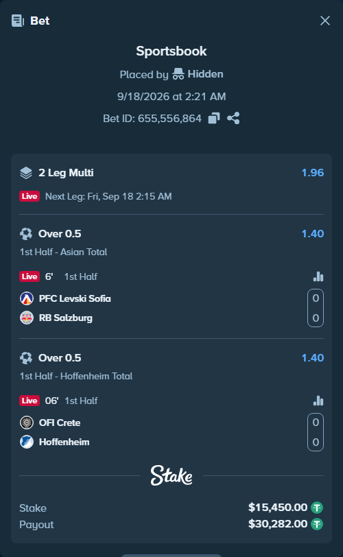 Bet slip: PFC Levski Sofia - RB Salzburg, $15,465.45 stake at 1.40 odds, placed by Hidden
