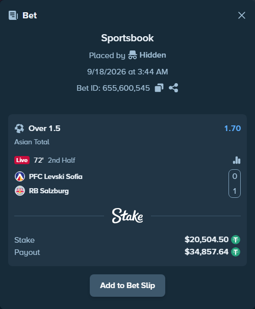 Bet slip: PFC Levski Sofia - RB Salzburg, $20,525.00 stake at 1.70 odds, placed by Hidden
