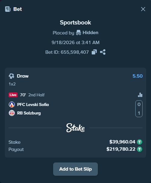 Bet slip: PFC Levski Sofia - RB Salzburg, $40,000.00 stake at 5.50 odds, placed by Hidden
