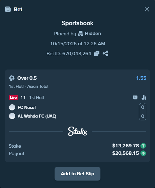 Bet slip: PFC Nasaf - Al Wahda FC (UAE), $13,283.05 stake at 1.55 odds, placed by Hidden