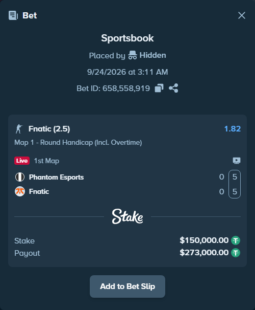 Bet slip: Phantom Esports - Fnatic, $150,000.00 stake at 1.82 odds, placed by Hidden