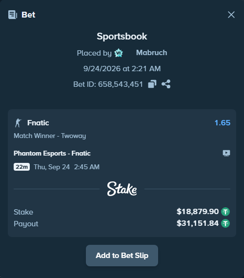 Bet slip: Phantom Esports - Fnatic, $18,879.90 stake at 1.65 odds, placed by Mabruch