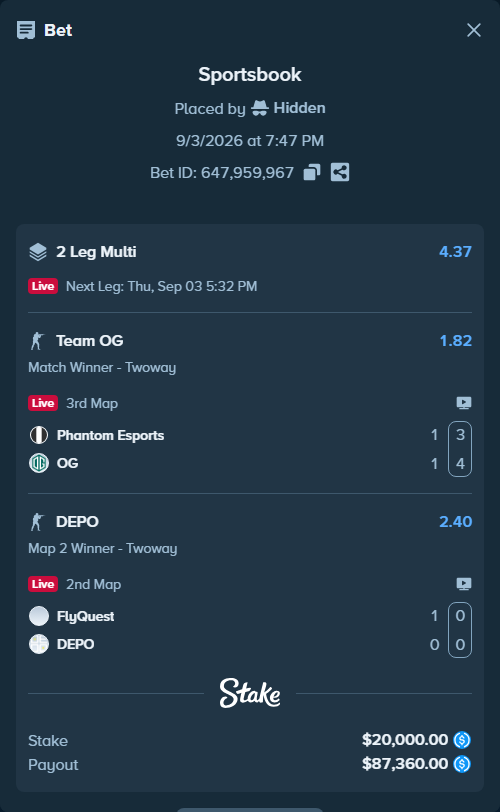 Bet slip: Phantom Esports - Team OG, $20,000.00 stake at 1.82 odds, placed by Hidden