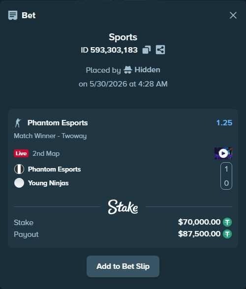 Bet slip: Phantom Esports - Young Ninjas, $70,070.00 stake at 1.25 odds, placed by Hidden