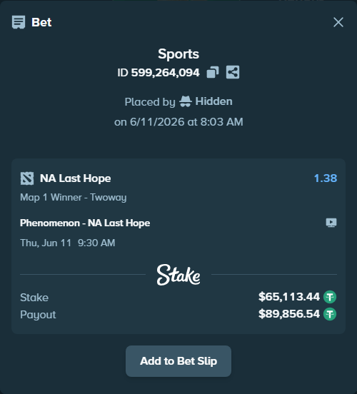 Bet slip: Phenomenon - NA Last Hope, $65,178.55 stake at 1.38 odds, placed by Hidden