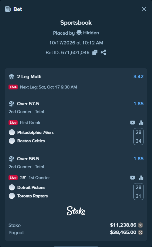 Bet slip: Philadelphia 76ers - Boston Celtics, $11,166.82 stake at 1.85 odds, placed by Hidden