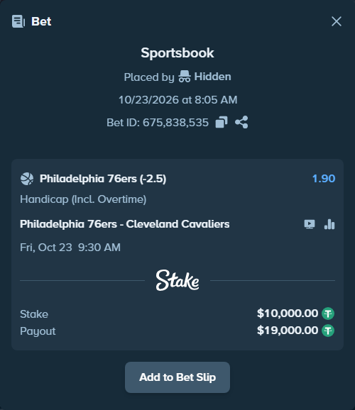 Bet slip: Philadelphia 76ers - Cleveland Cavaliers, $10,010.00 stake at 1.90 odds, placed by bonkalive
