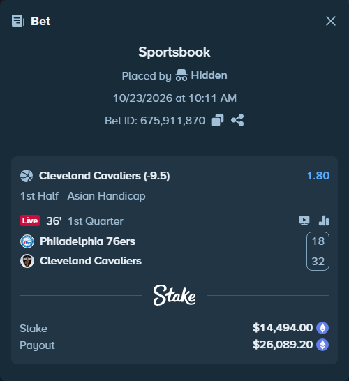 Bet slip: Philadelphia 76ers - Cleveland Cavaliers, $14,533.25 stake at 1.80 odds, placed by Jollysea