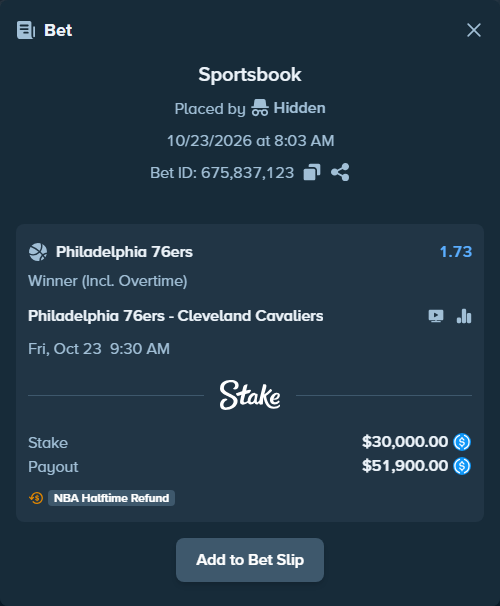 Bet slip: Philadelphia 76ers - Cleveland Cavaliers, $30,000.00 stake at 1.73 odds, placed by valenz9