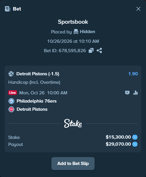 Bet slip: Philadelphia 76ers - Detroit Pistons, $15,300.00 stake at 1.90 odds, placed by Hidden
