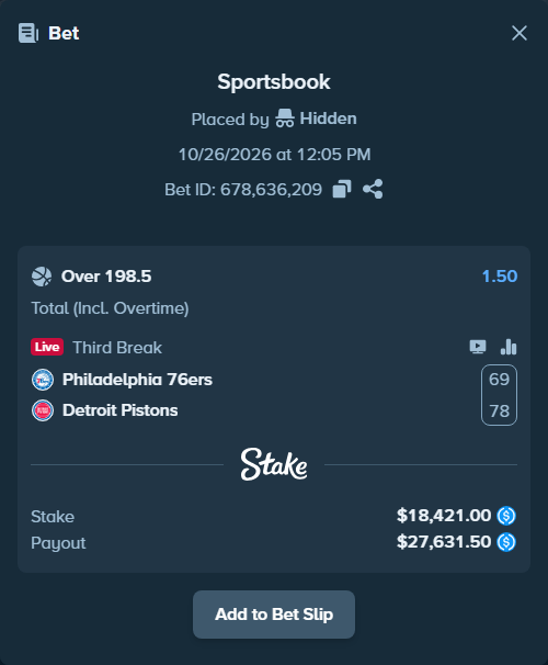 Bet slip: Philadelphia 76ers - Detroit Pistons, $18,421.00 stake at 1.50 odds, placed by Jonsa10