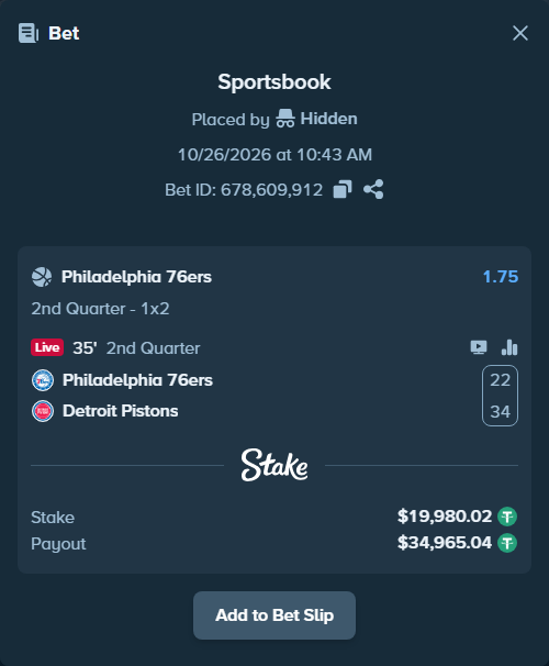 Bet slip: Philadelphia 76ers - Detroit Pistons, $20,000.00 stake at 1.75 odds, placed by Hidden