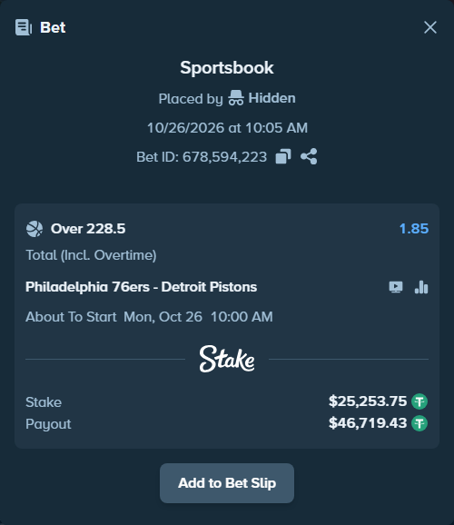Bet slip: Philadelphia 76ers - Detroit Pistons, $25,279.00 stake at 1.85 odds, placed by Theketkitkitty