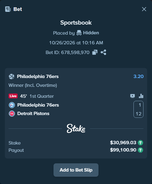 Bet slip: Philadelphia 76ers - Detroit Pistons, $31,000.00 stake at 3.20 odds, placed by Hidden