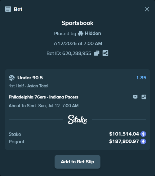 Bet slip: Philadelphia 76ers - Indiana Pacers, $105,757.68 stake at 1.85 odds, placed by Hidden