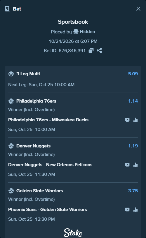 Bet slip: Philadelphia 76ers - Milwaukee Bucks, $10,010.00 stake at 1.14 odds, placed by Hidden