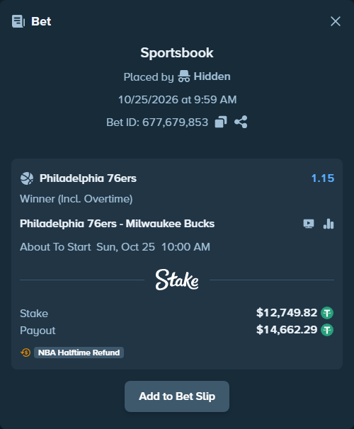 Bet slip: Philadelphia 76ers - Milwaukee Bucks, $12,762.57 stake at 1.15 odds, placed by Hidden