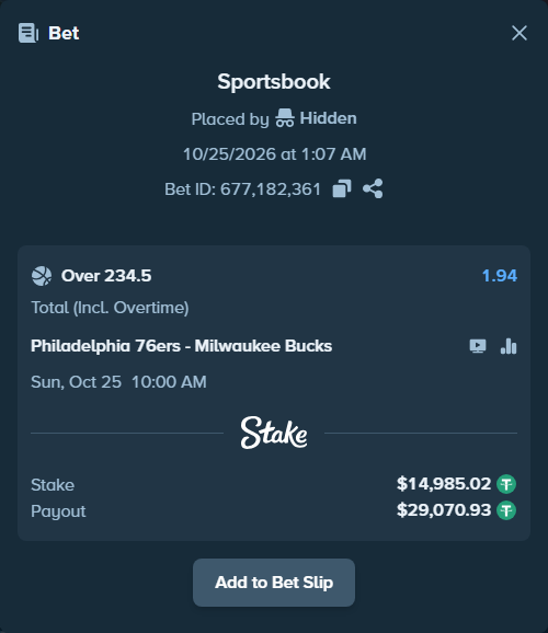 Bet slip: Philadelphia 76ers - Milwaukee Bucks, $15,000.00 stake at 1.94 odds, placed by Hidden