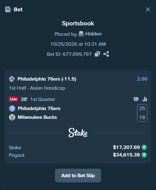 Bet slip: Philadelphia 76ers - Milwaukee Bucks, $17,325.00 stake at 2.00 odds, placed by Hidden