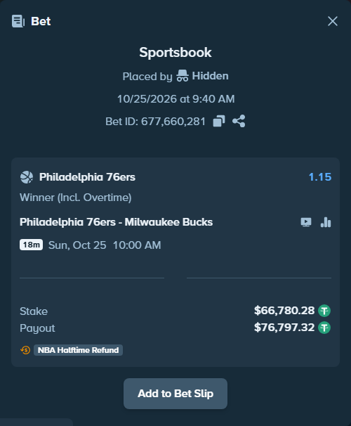 Bet slip: Philadelphia 76ers - Milwaukee Bucks, $66,847.06 stake at 1.15 odds, placed by Ceeksy1204