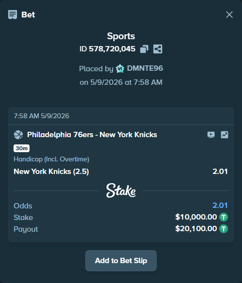 Bet slip: Philadelphia 76ers - New York Knicks, $10,000.00 stake at 2.01 odds, placed by DMNTE96