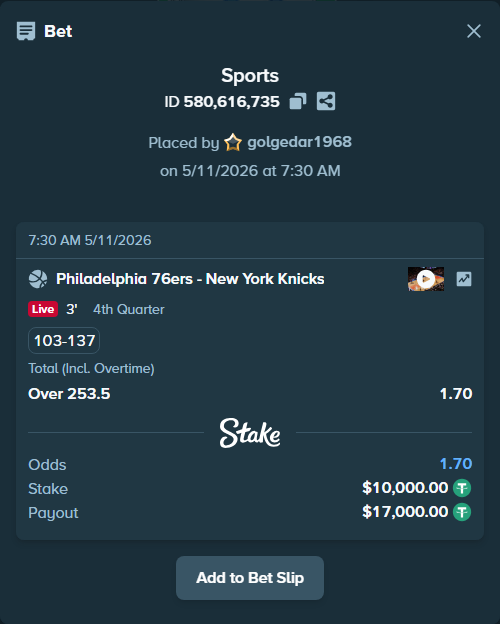 Bet slip: Philadelphia 76ers - New York Knicks, $10,000.00 stake at 1.70 odds, placed by golgedar1968