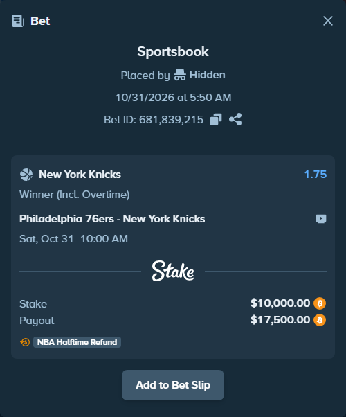 Bet slip: Philadelphia 76ers - New York Knicks, $10,012.54 stake at 1.75 odds, placed by Espnik