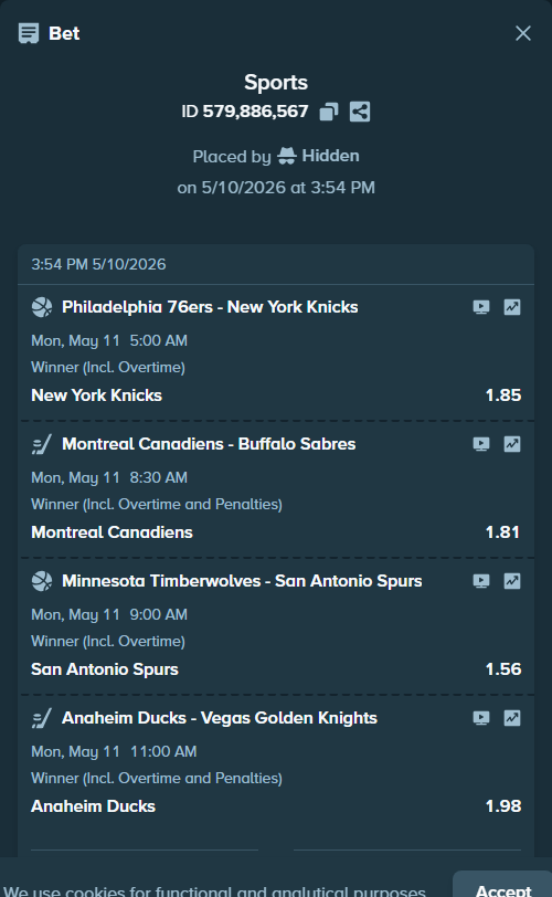 Bet slip: Philadelphia 76ers - New York Knicks, $8,109.89 stake at 1.85 odds, placed by Rosspicks