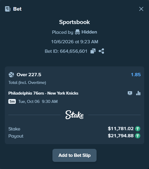 Bet slip: Philadelphia 76ers - New York Knicks, $11,781.02 stake at 1.85 odds, placed by Theketkitkitty