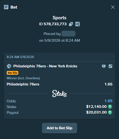Bet slip: Philadelphia 76ers - New York Knicks, $12,140.00 stake at 1.65 odds, placed by crazypianist