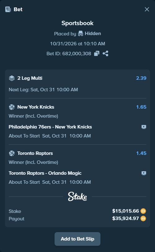 Bet slip: Philadelphia 76ers - New York Knicks, $15,015.66 stake at 1.65 odds, placed by Hidden