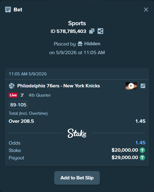 Bet slip: Philadelphia 76ers - New York Knicks, $20,000.00 stake at 1.45 odds, placed by Hidden