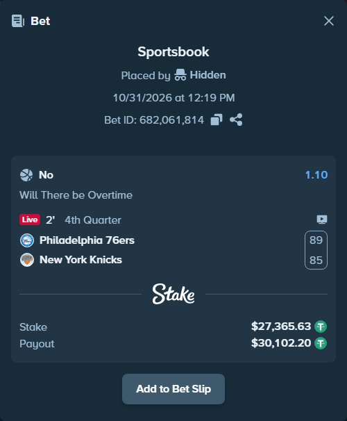 Bet slip: Philadelphia 76ers - New York Knicks, $27,393.00 stake at 1.10 odds, placed by diomancy