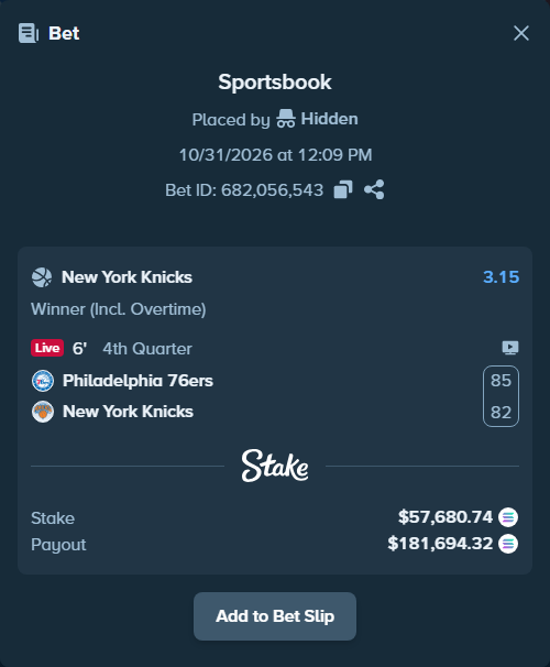 Bet slip: Philadelphia 76ers - New York Knicks, $57,767.33 stake at 3.15 odds, placed by Prettylfacko98