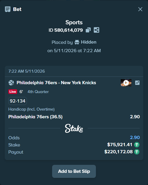 Bet slip: Philadelphia 76ers - New York Knicks, $75,921.41 stake at 2.90 odds, placed by Hidden