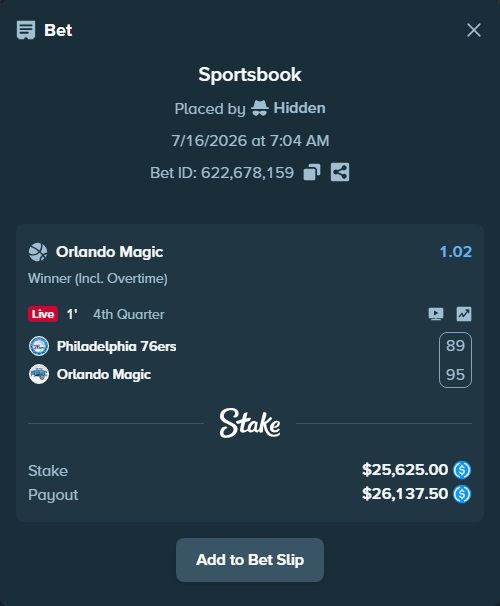 Bet slip: Philadelphia 76ers - Orlando Magic, $25,625.00 stake at 1.02 odds, placed by Hidden