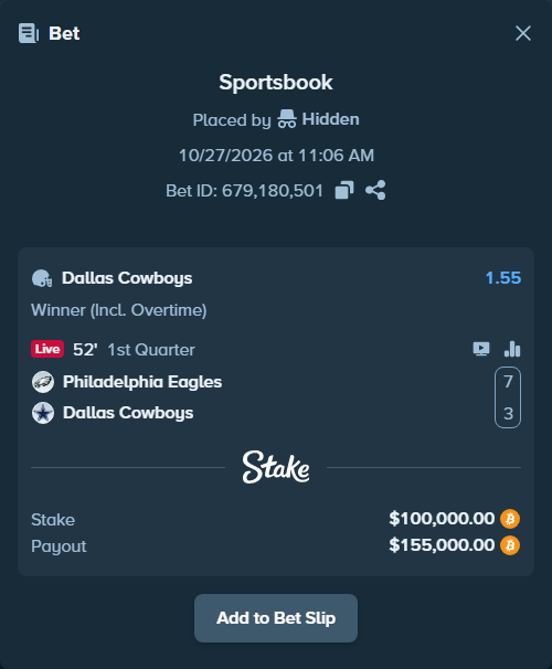 Bet slip: Philadelphia Eagles - Dallas Cowboys, $99,556.71 stake at 1.55 odds, placed by Hidden