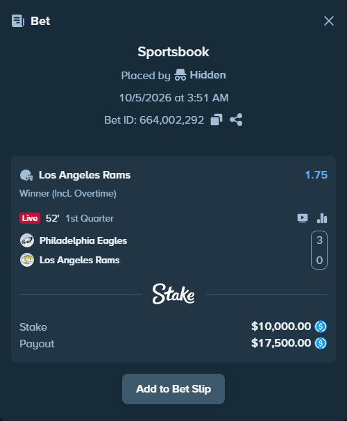 Bet slip: Philadelphia Eagles - Los Angeles Rams, $10,000.00 stake at 1.75 odds, placed by mathiasjuel