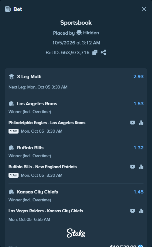 Bet slip: Philadelphia Eagles - Los Angeles Rams, $10,528.90 stake at 1.53 odds, placed by Bigfoltz