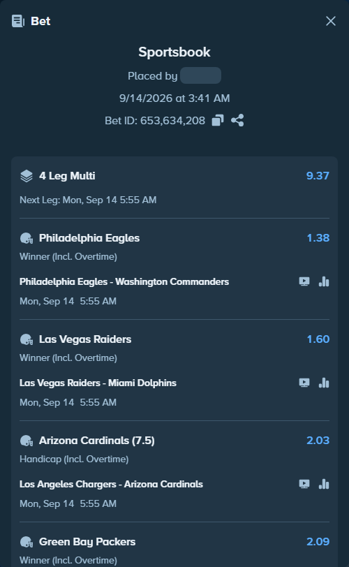 Bet slip: Philadelphia Eagles - Washington Commanders, $12,997.40 stake at 1.38 odds, placed by WIZCAPA