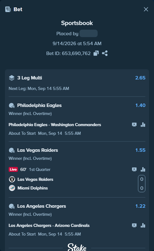 Bet slip: Philadelphia Eagles - Washington Commanders, $14,415.42 stake at 1.40 odds, placed by Bigfoltz