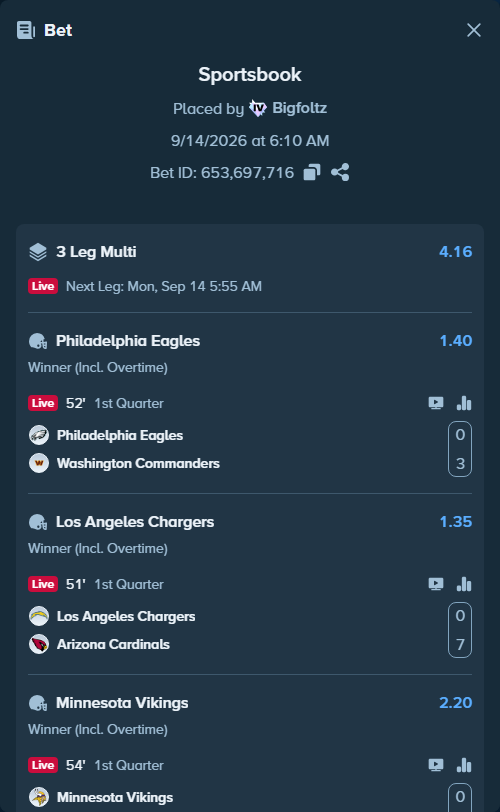 Bet slip: Philadelphia Eagles - Washington Commanders, $14,415.42 stake at 1.40 odds, placed by Bigfoltz