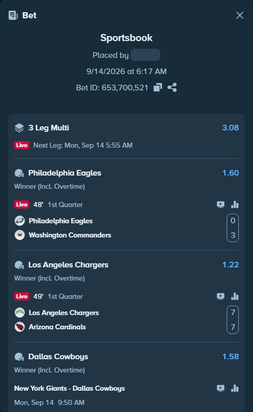 Bet slip: Philadelphia Eagles - Washington Commanders, $14,415.42 stake at 1.60 odds, placed by Bigfoltz