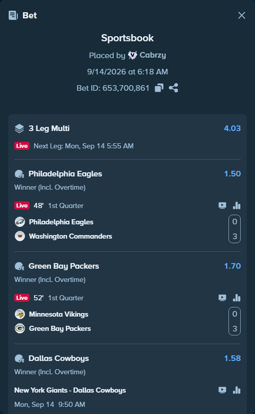 Bet slip: Philadelphia Eagles - Washington Commanders, $75,000.00 stake at 1.50 odds, placed by Cabrzy