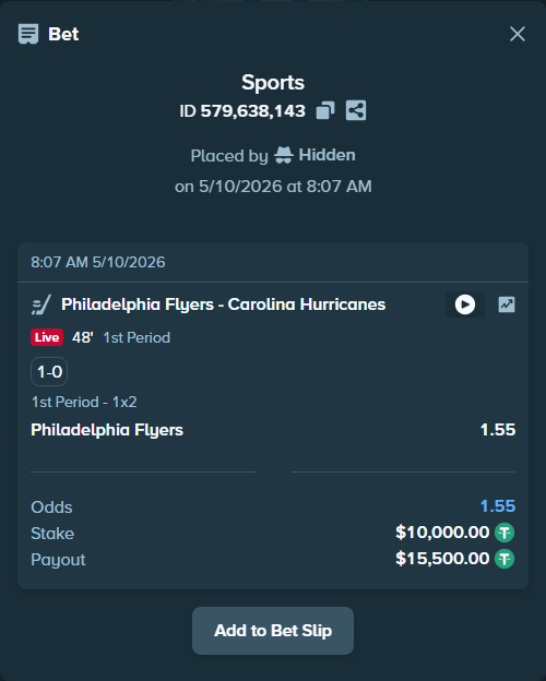 Bet slip: Philadelphia Flyers - Carolina Hurricanes, $10,000.00 stake at 1.55 odds, placed by Abo114
